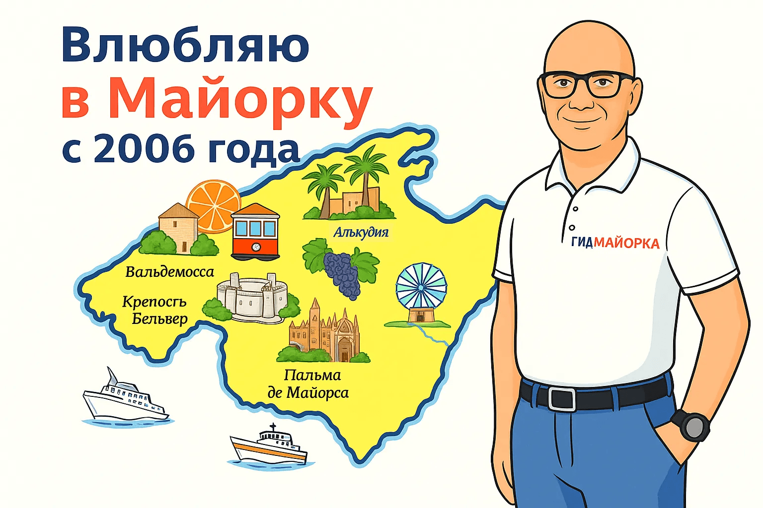 Гид на Майорке Вячеслав возле карты Майорки