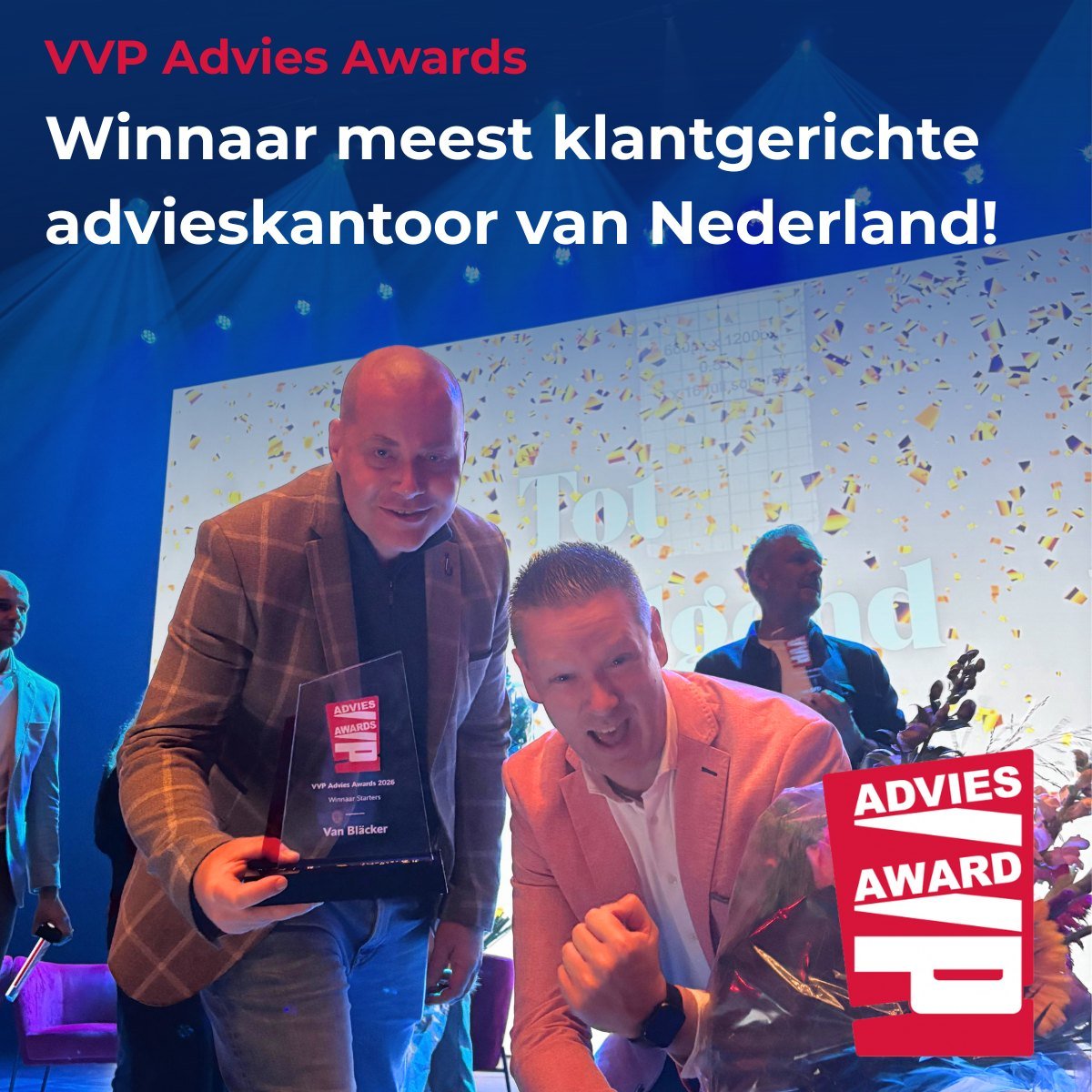 Van Bläcker viert de winst van de VVP Advies Award 2026 in de categorie Starters