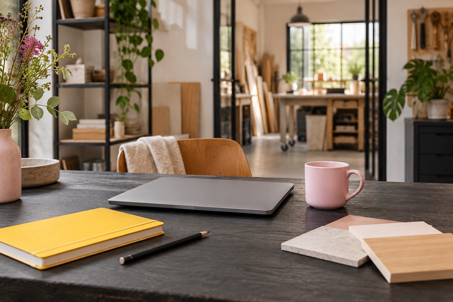 Werkplek met een laptop, notitieboek en koffiekop