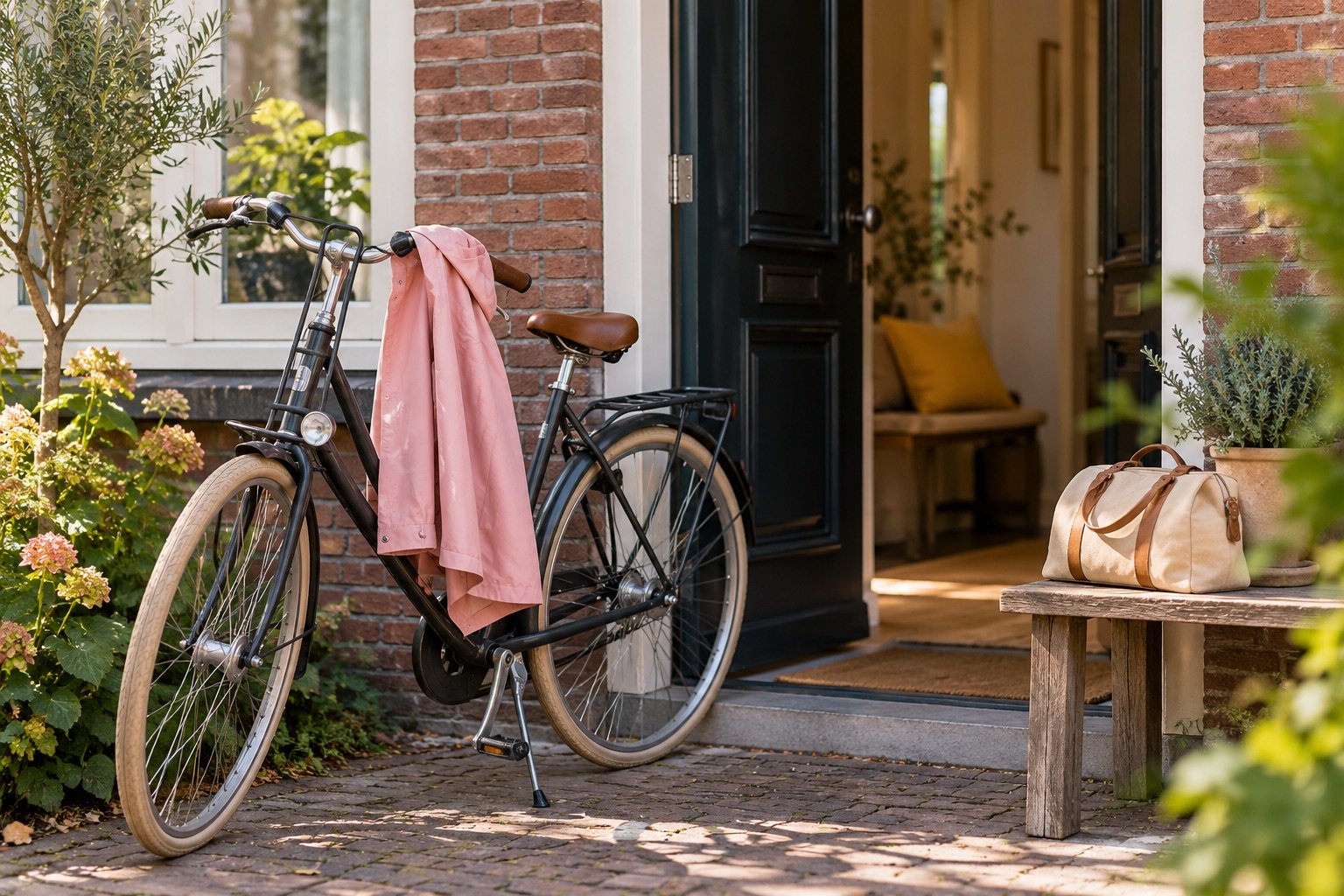 Fiets bij een voordeur met een roze jas en reistas