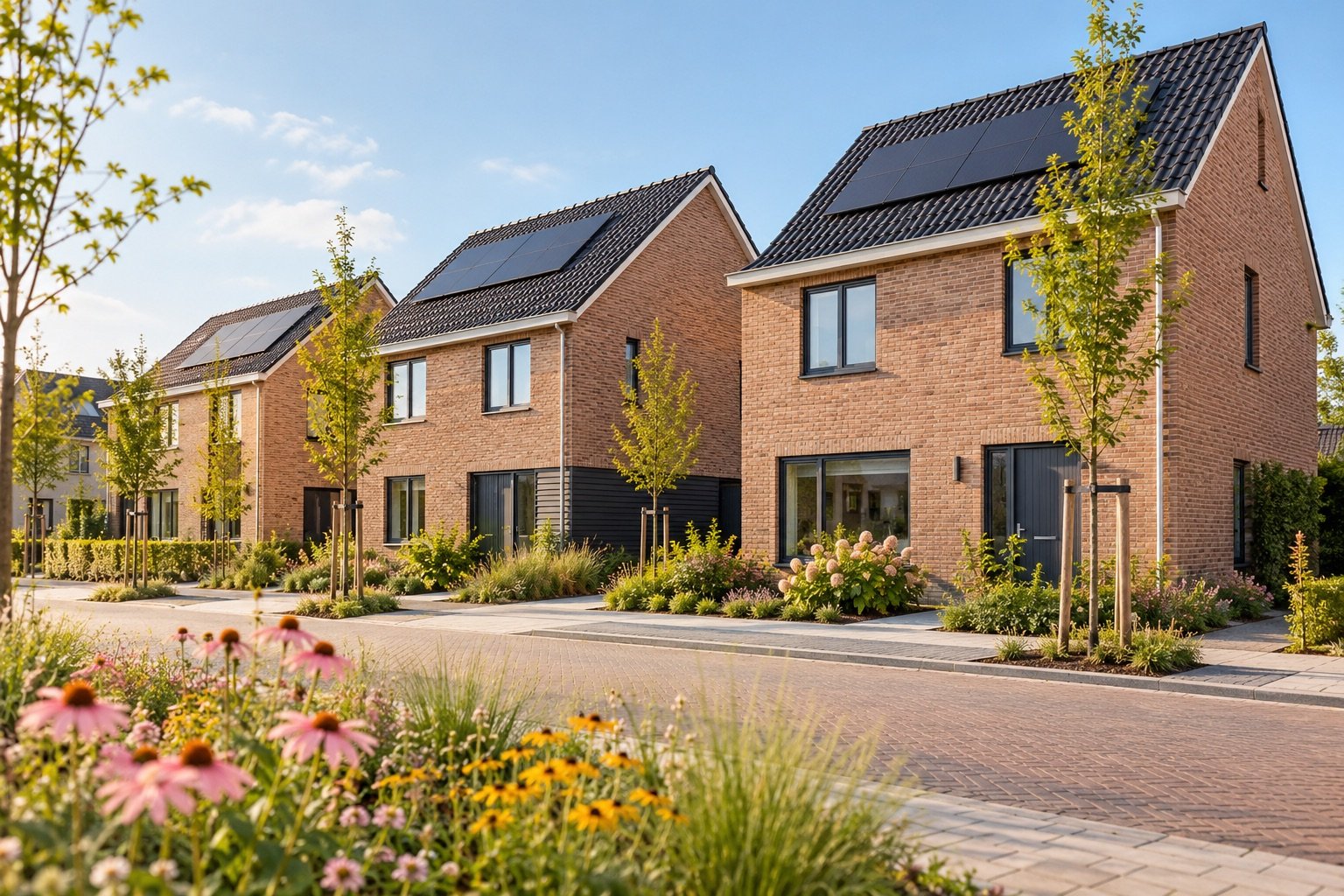 Illustratief sfeerbeeld van nieuwbouwwoningen met zonnepanelen