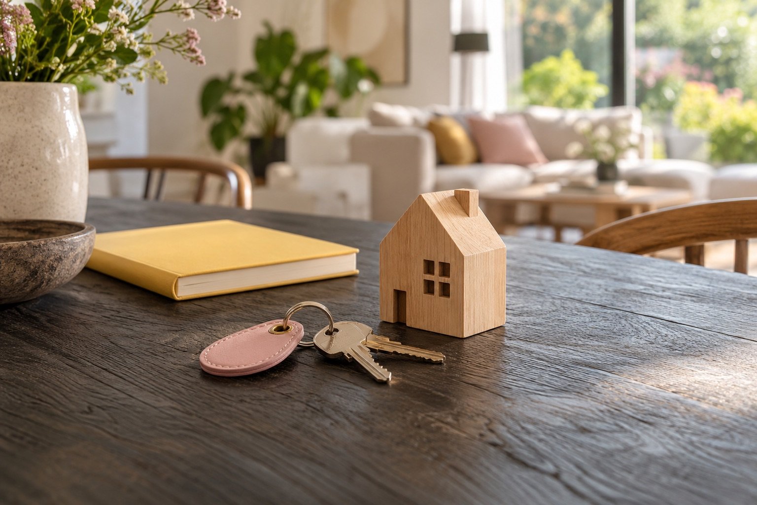 Huissleutels met een houten huisje op een tafel