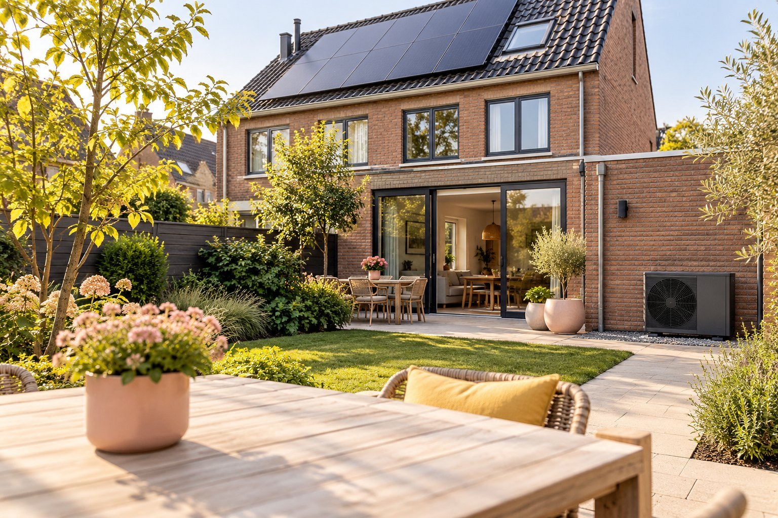 Sfeerbeeld van een woning met zonnepanelen en tuin