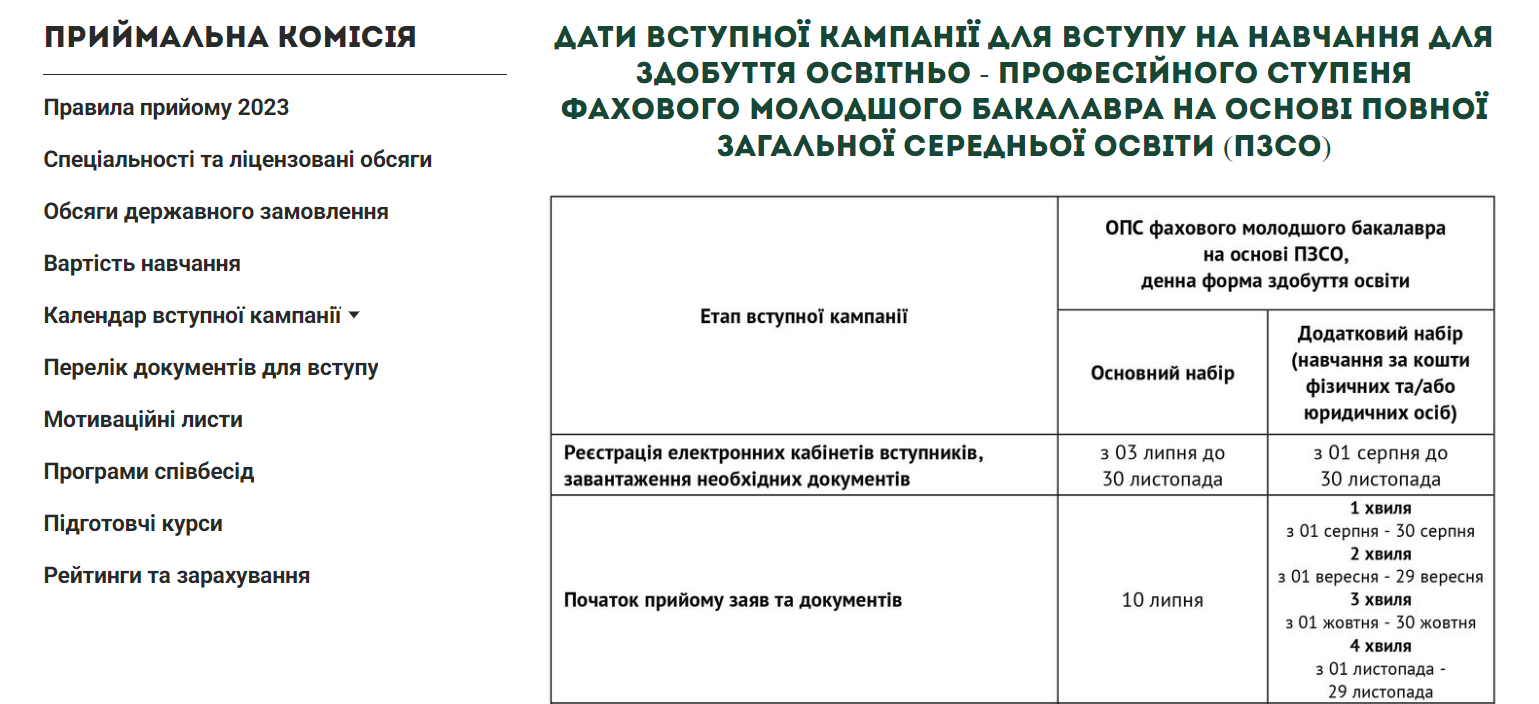 Календар вступної кампанії