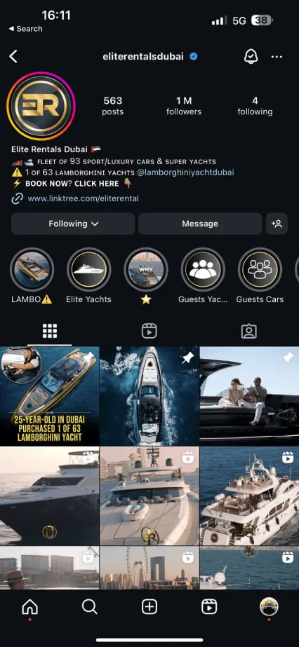 Elite Rentals Dubai Instagram profile on iPhone