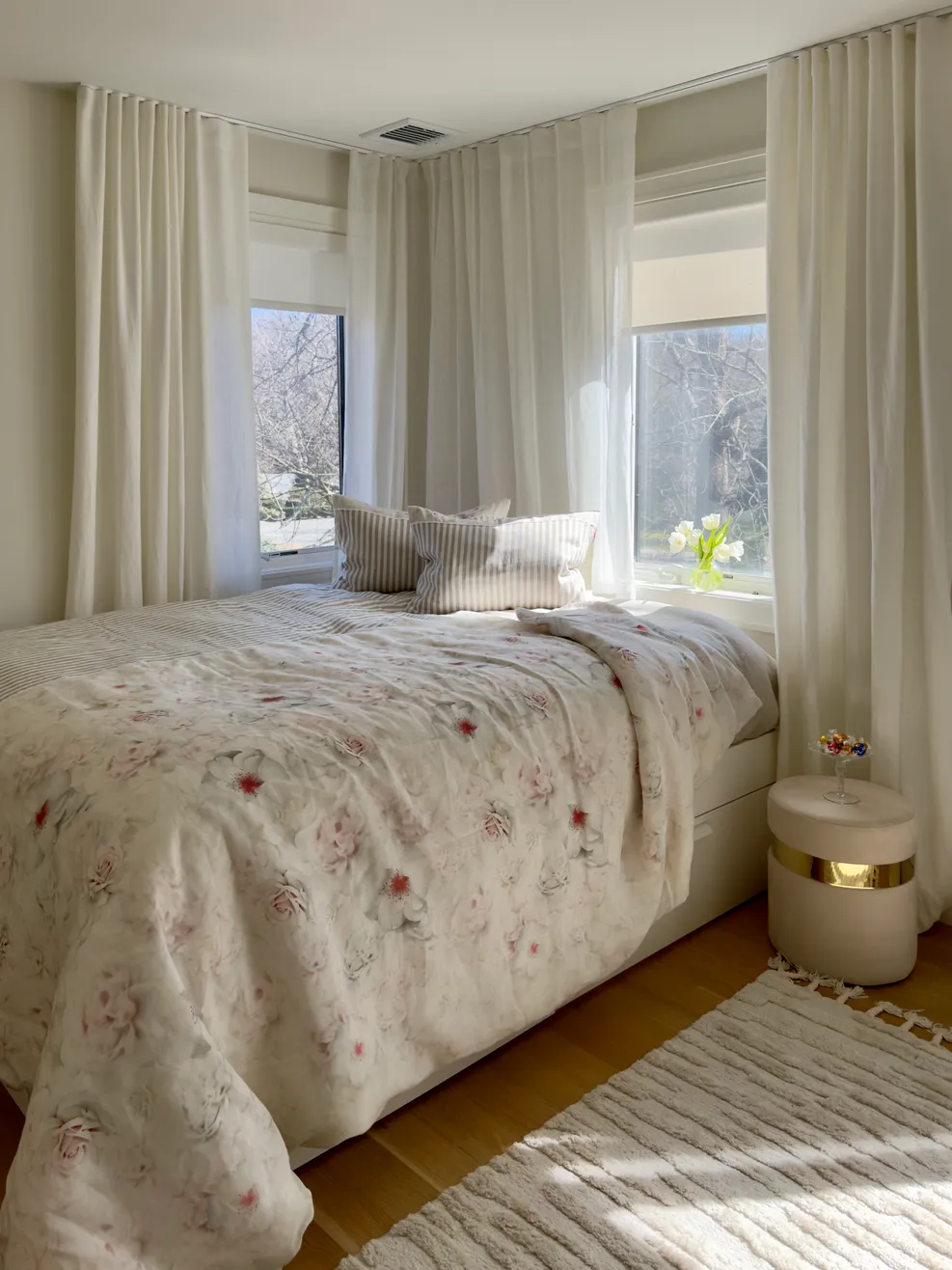 Bedroom with a linen curtains