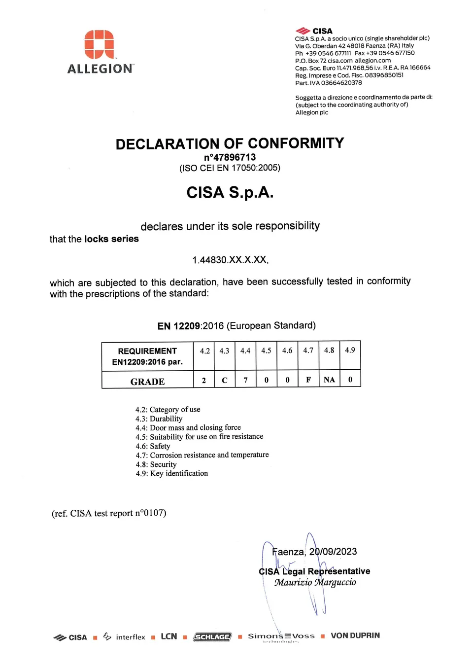 Декларація відповідності CISA для замків серії 44830 за EN 12209:2016