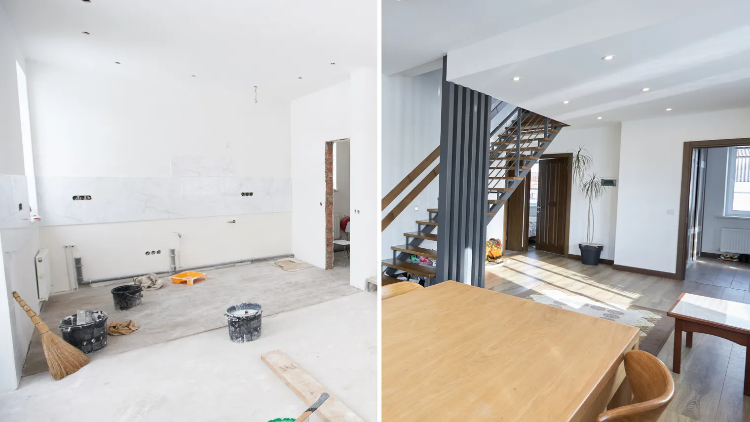 Staircase and entry renovation before and after by Monarch Contracting Group — residential staircase remodel in Queens, NYC