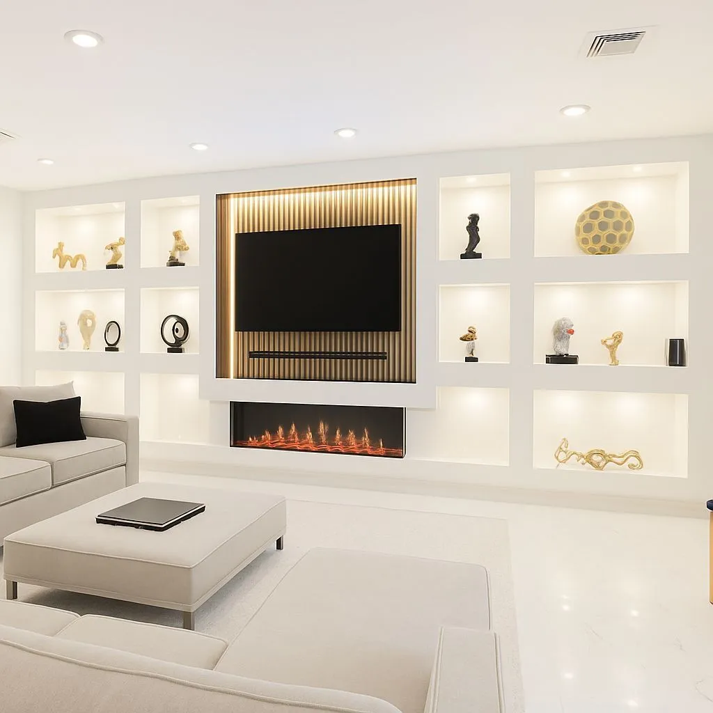 A white living room media wall with lit display niches and a linear fireplace
