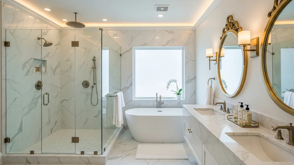 A Queens bathroom with a frameless glass walk-in shower and marble-look tile