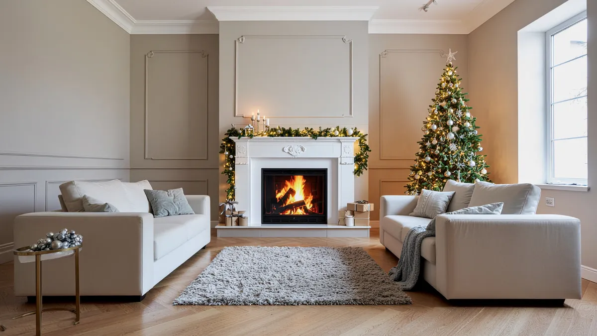 A Long Island living room with a paneled fireplace wall and built-in storage