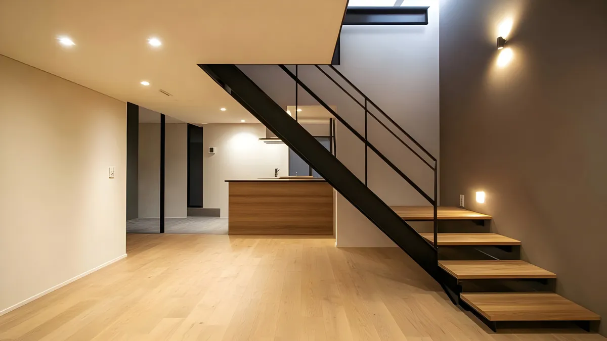 A finished Long Island basement with a floating stair, wood floors and recessed lights