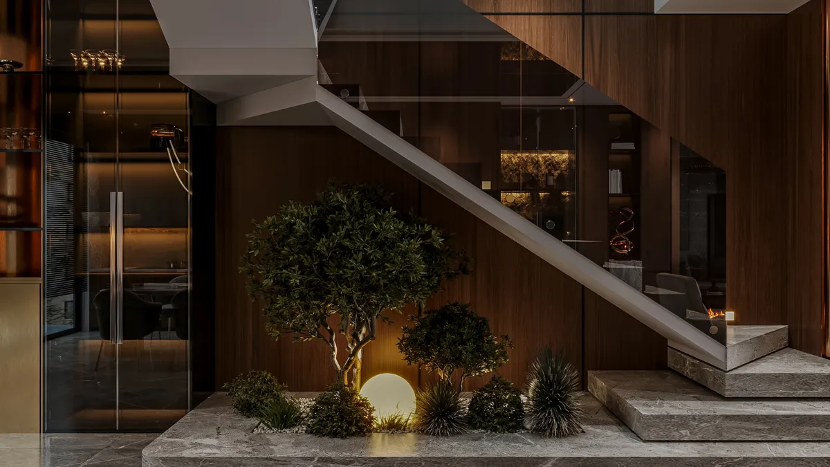 A modern Manhattan entryway with wood slat walls, a stair and indoor planting
