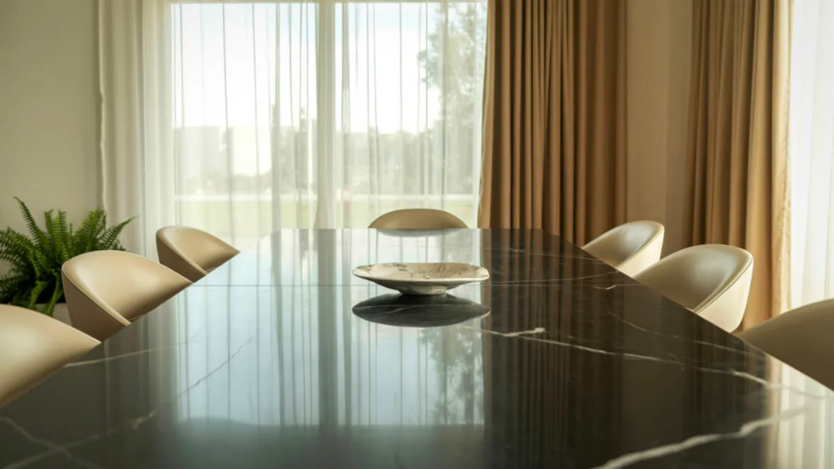 A Queens dining room with a dark marble table and floor-length curtains