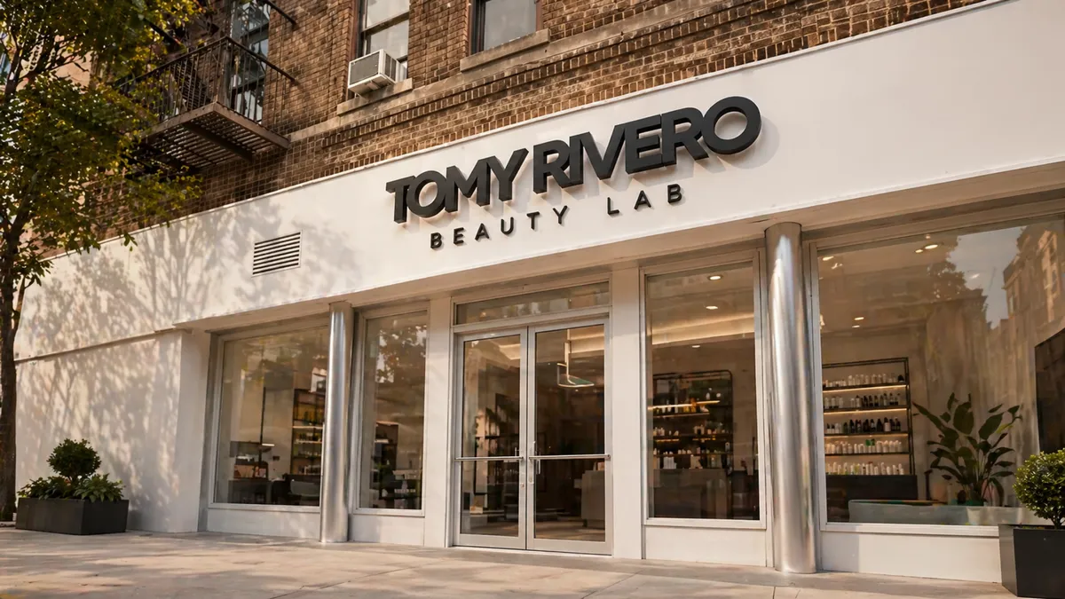 A renovated Brooklyn storefront with an illuminated sign and glass entry doors