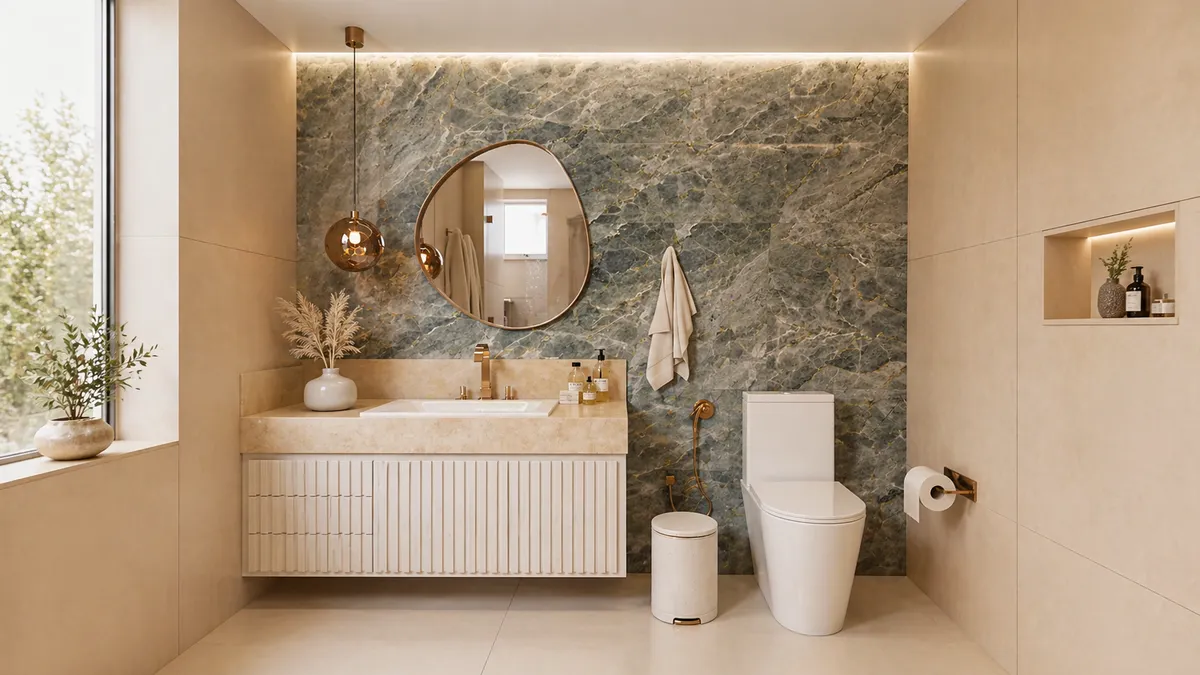 A Bronx bathroom with a stone feature wall, round mirror and floating vanity