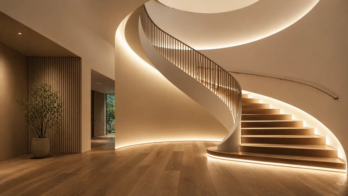 A curved Long Island staircase with LED lighting under each step