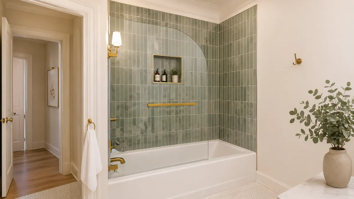 A Brooklyn bathroom with vertical green wall tile, brass fixtures and a tub shower