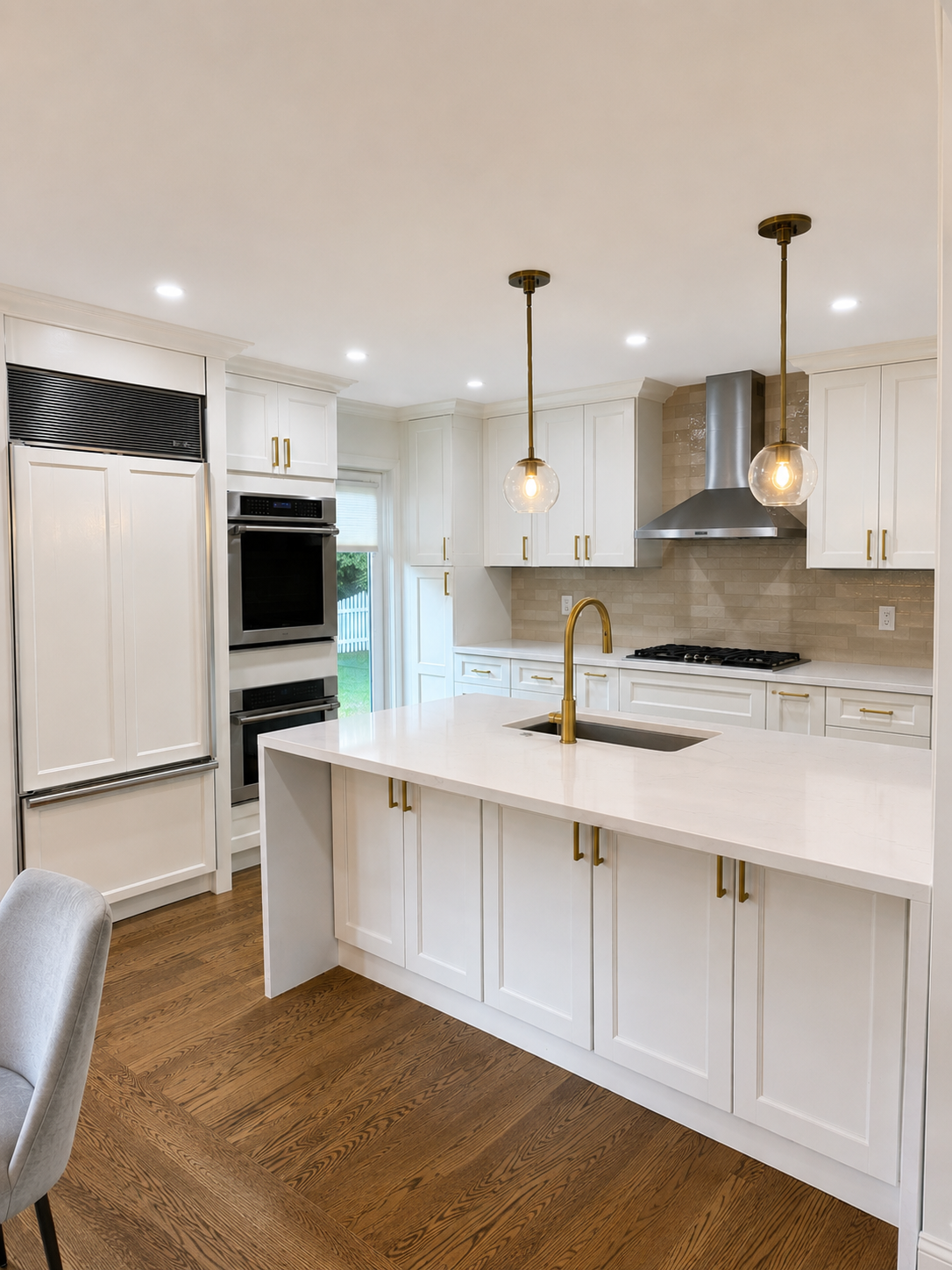 Completed kitchen remodel in Queens, NY with a white quartz waterfall island, apron-front sink and brass fixtures, open to the living room