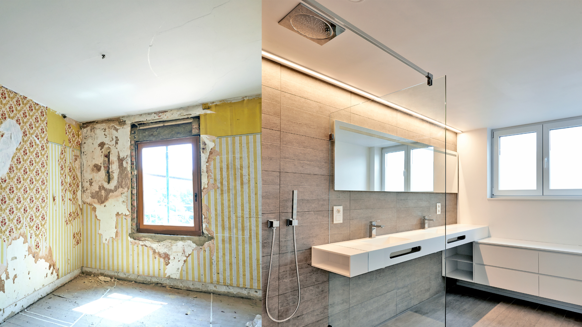 Bathroom renovation before and after by Monarch Contracting Group — modern bathroom remodel with new tile and fixtures in Queens, NYC