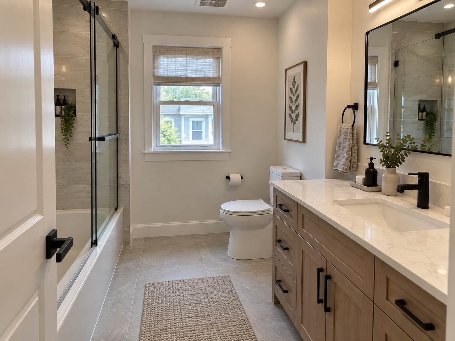 Bathroom renovation after — modern bathroom with new tile and fixtures by Monarch Contracting Group NYC