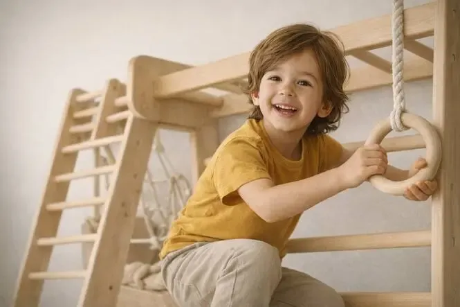 Kind spielt an einer Indoor-Kletterwand aus Holz – WoodWunder