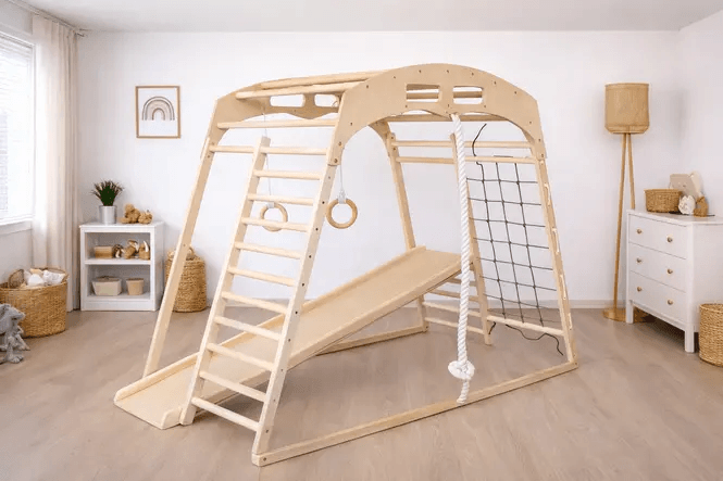 Kletterstation Leni Holz Spielturm Indoor mit Rutsche, Turnringen und Schaukel für Kinder ab 3 Jahren