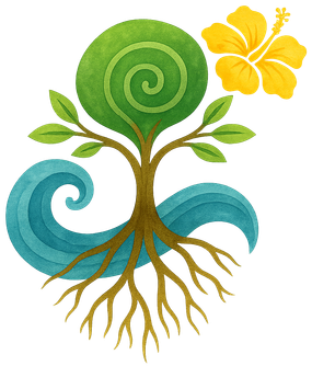 tree intertwining roots with a wave and a hibis