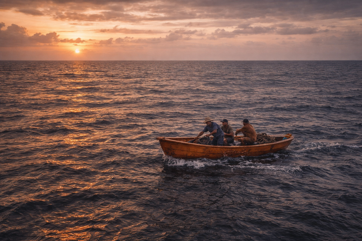 Pêcheurs dominicains dans une yola au lever du jour