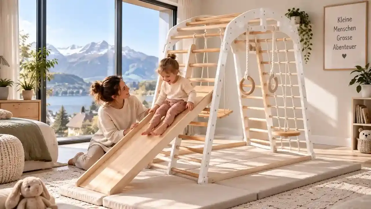 Kletterstation Leni Holz Spielturm Indoor mit Rutsche, Turnringen und Schaukel für Kinder ab 3 Jahren