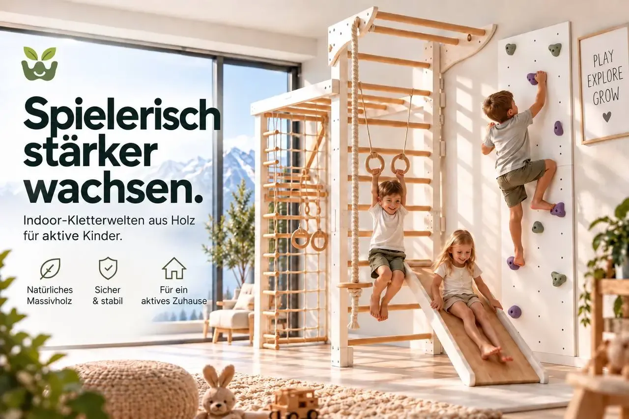 Kind spielt an einer Indoor-Kletterwand aus Holz – WoodWunder