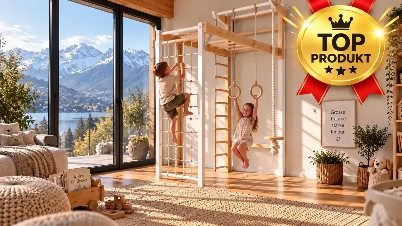 Indoor Kletterwand Max PRO aus Holz mit Turnringen und Seilleiter für Kinderzimmer