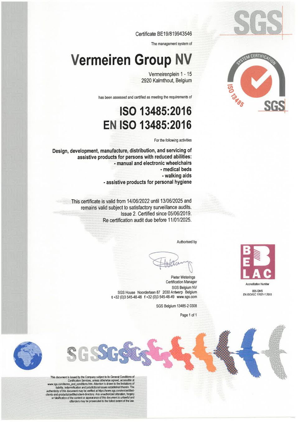 Сертифікат ISO 13485:2016 Vermeiren Group