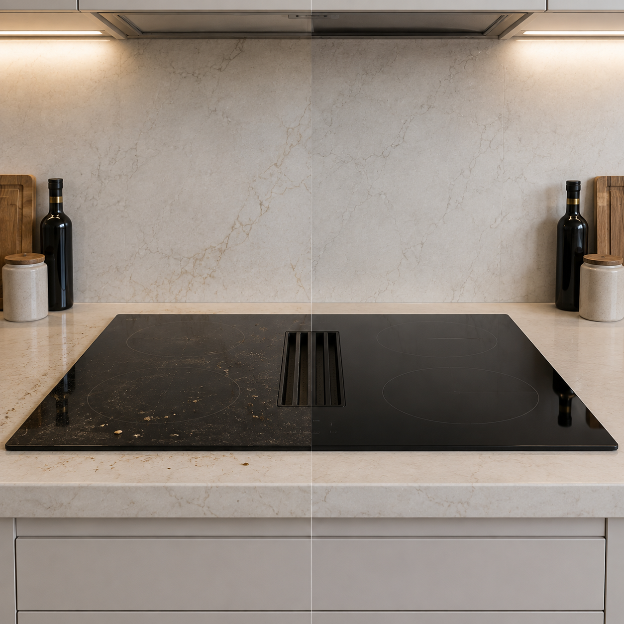 Before and after focused kitchen cooktop cleaning