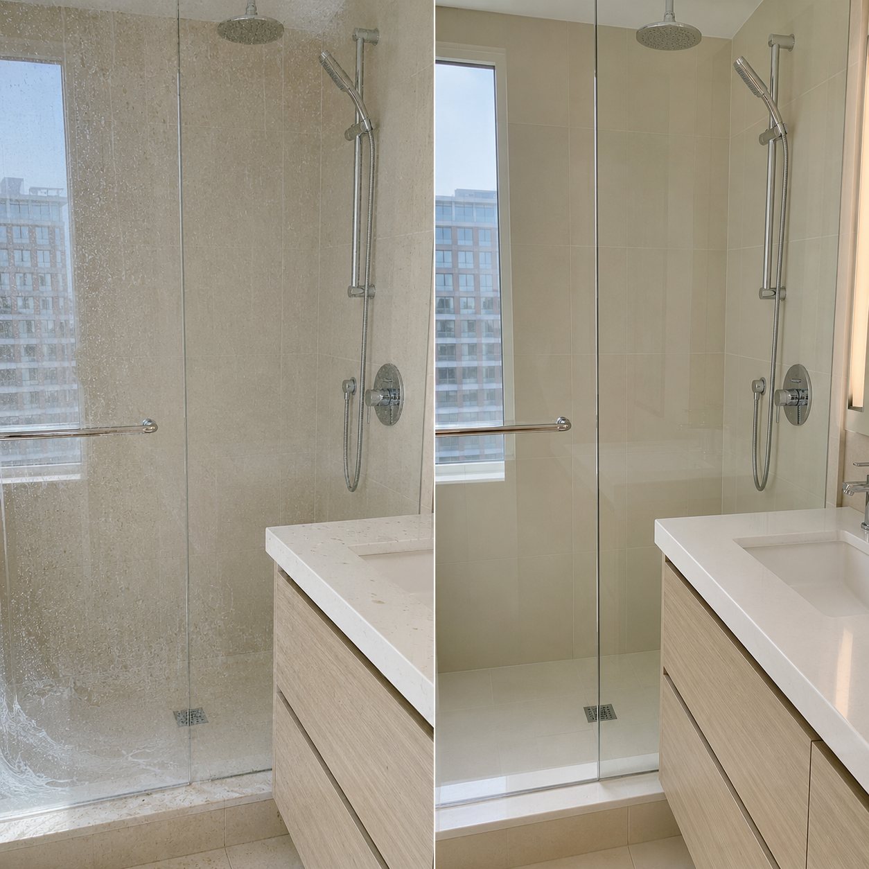 Before and after glass shower cleaning
